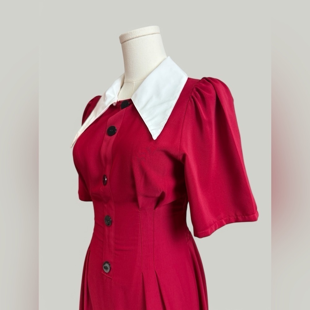 Dress Women Size Small Red Long Exaggerated Collar Puff Sleeves Sinch Waist - Picture 10 of 10